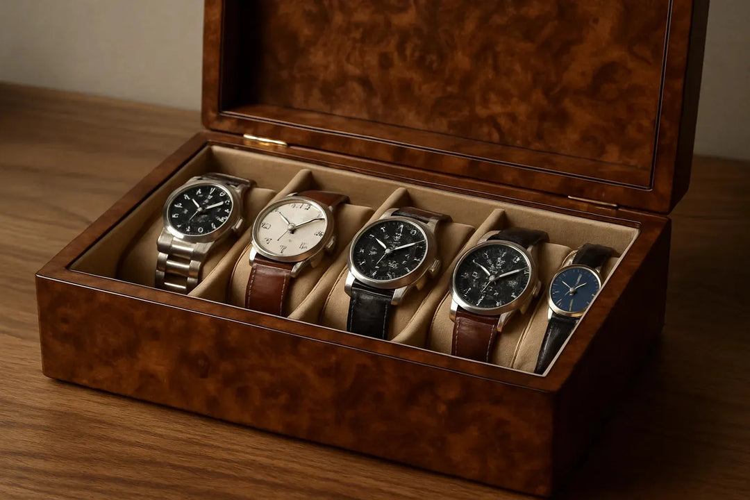 Burl Walnut Watch Display: 6-Slot Storage Excellence