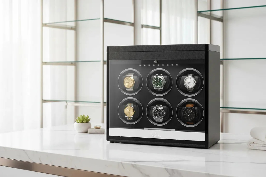 Aevitas 6 Watch Winder Carbon Fibre with Rolex Submariner, Omega Seamaster, TAG Heuer Carrera, Breitling Navitimer, Hublot Big Bang and IWC Portugieser — carbon fibre watch winder UK