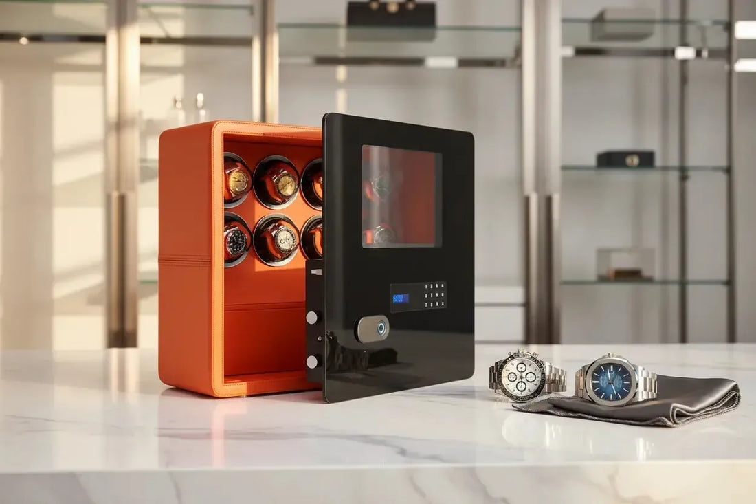 Aevitas Watch Winder Safe open showing watches being wound — insurance rated watch winder safe for serious collectors UK