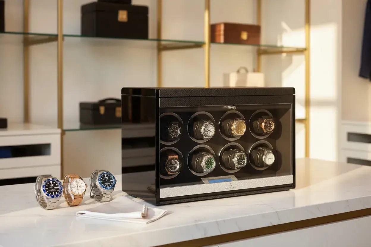 Aevitas 8 Watch Winder Carbon Fibre with Rolex GMT, IWC Pilot and Breitling Superocean — watch winder TPD settings guide UK