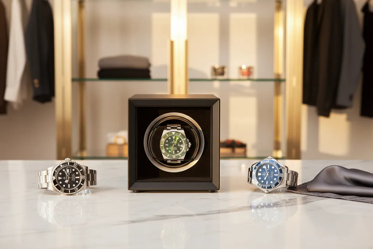 Three luxury stainless steel dive watches displayed on a marble surface with a black automatic watch winder.