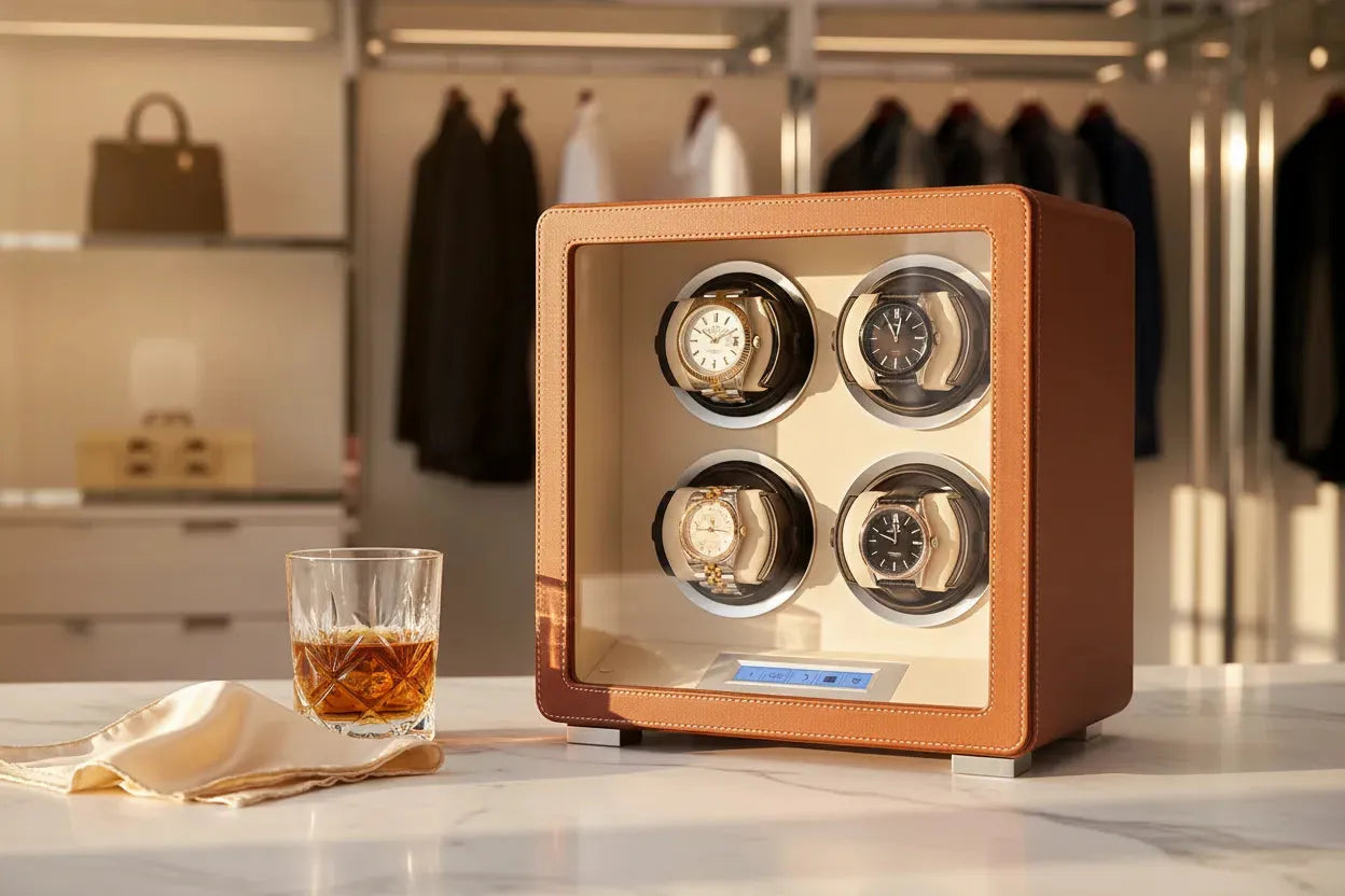 Aevitas 4 Watch Winder Brown Smooth Leather with Rolex Datejust and Omega De Ville — leather watch winder UK
