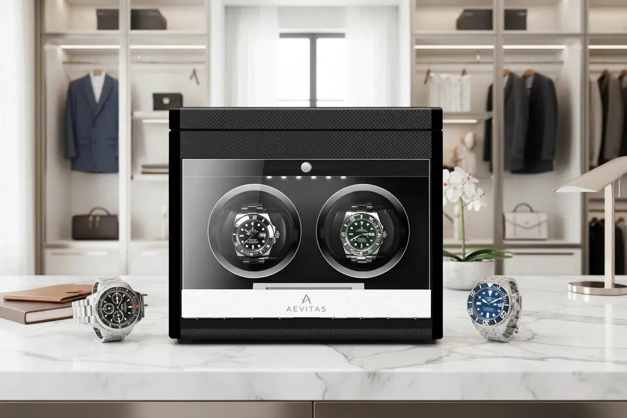 Aevitas 2 watch winder carbon fibre finish with Breitling Navitimer and Superocean — premium watch winder for Breitling watches UK