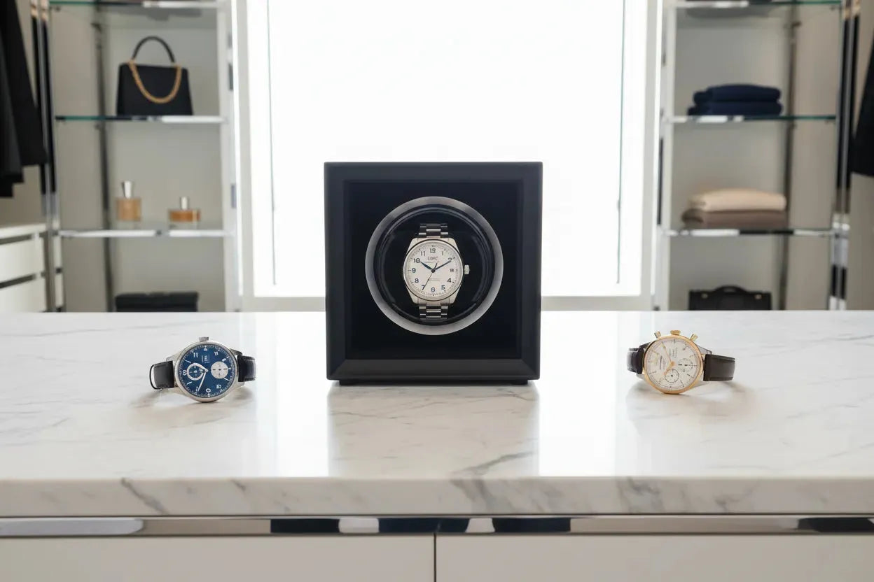 Aevitas carbon fibre single watch winder with IWC Portugieser and Pilot's Watch — premium watch winder for IWC Schaffhausen watches UK