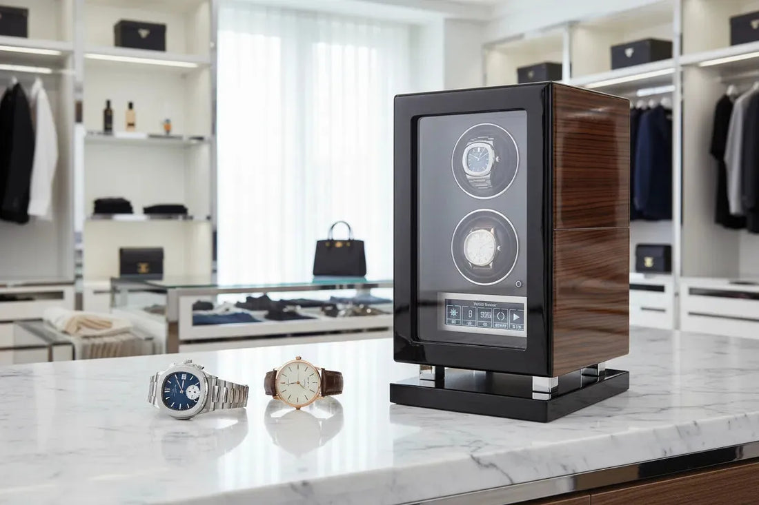 Aevitas Zebrano Ebony piano lacquer watch winder with Patek Philippe Nautilus and Calatrava — premium watch winder for Patek Philippe watches UK