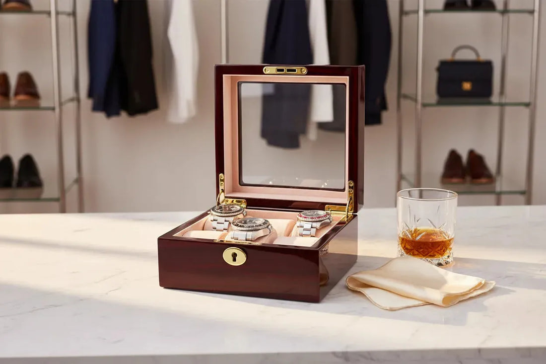 Aevitas Premium 6 Watch Box Cherry Wood Piano Gloss with Rolex Datejust and Omega De Ville — watch box and storage case UK