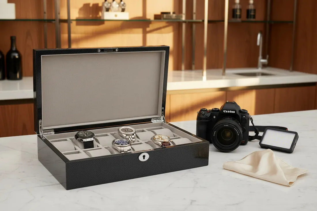 Carbon Fibre 12 Watch Box by Aevitas with Rolex Submariner, Omega Speedmaster and Patek Philippe Calatrava — luxury watch storage and photography guide UK