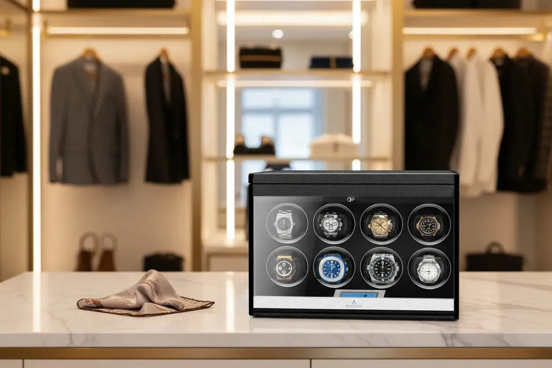Aevitas 8 Watch Winder Carbon Fibre with Rolex Daytona, Patek Philippe Nautilus, Richard Mille and AP Royal Oak Offshore — luxury watch winder celebrity collections guide UK