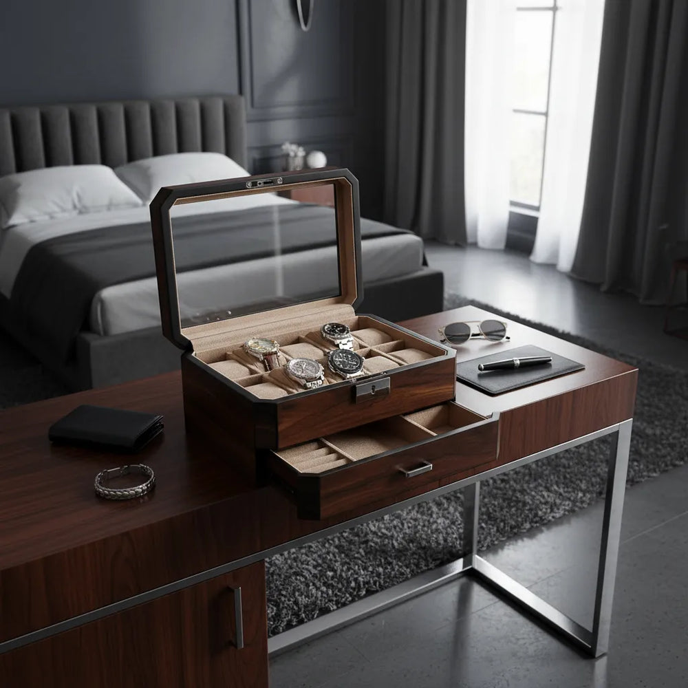 10 Watch Box With Drawer in Natural Dark Walnut Veneer Finish by Aevitas