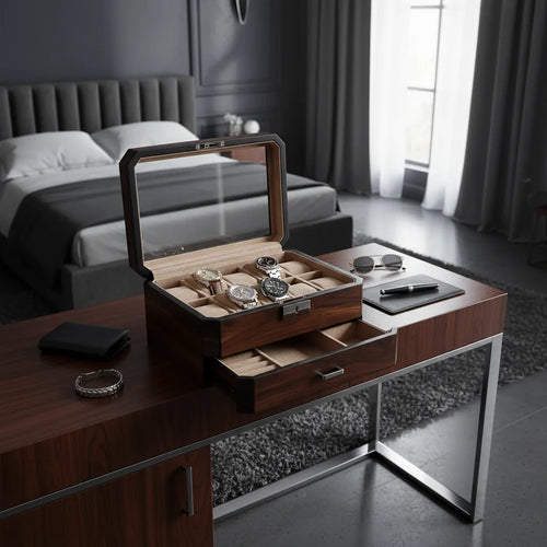 10 Watch Box With Drawer in Natural Dark Walnut Veneer Finish by Aevitas