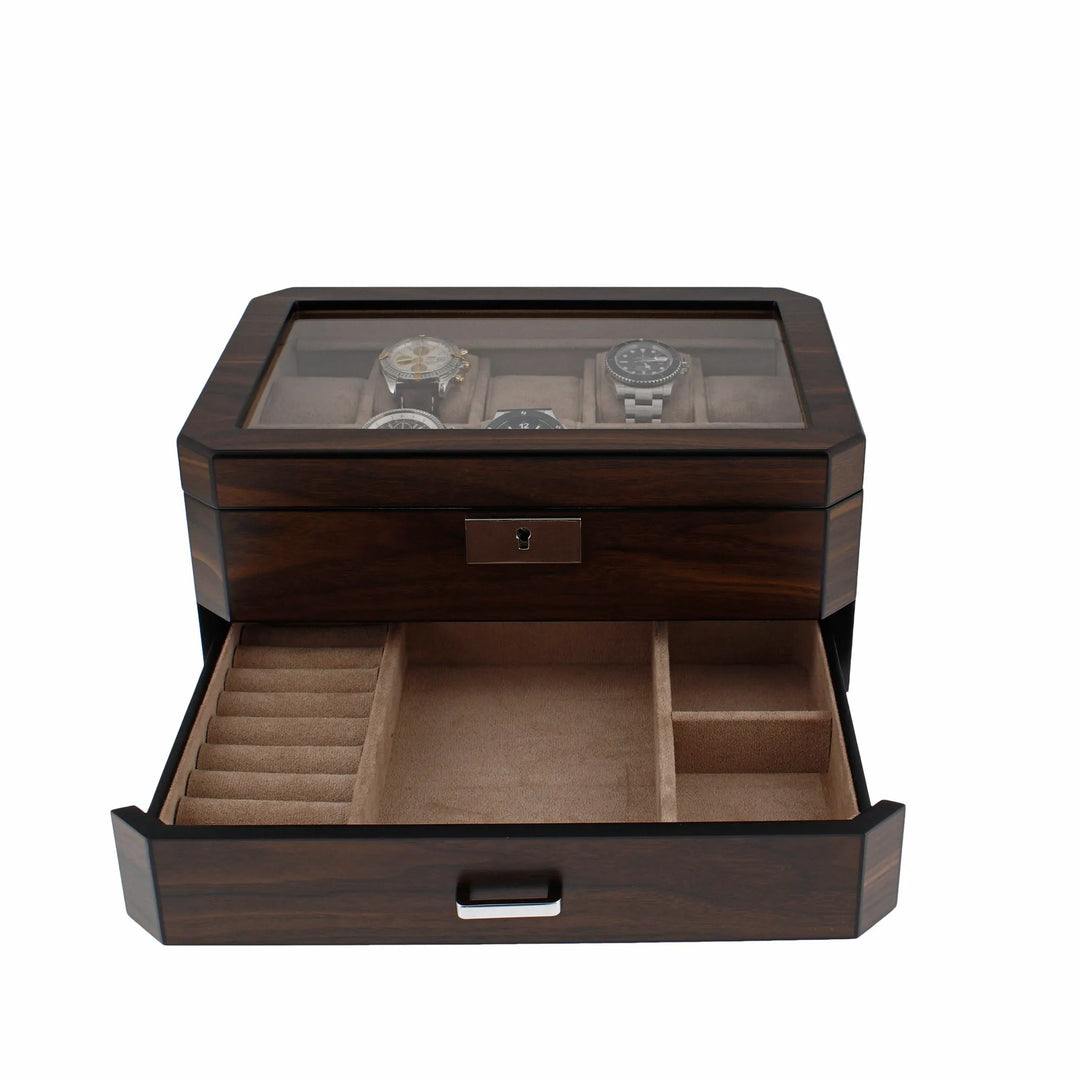 Luxury 10 Watch Box with Drawer in Dark Walnut Veneer by Aevitas