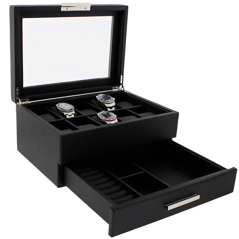10 Watch Box in Black Saffiano Leather Finish with Drawer by Aevitas