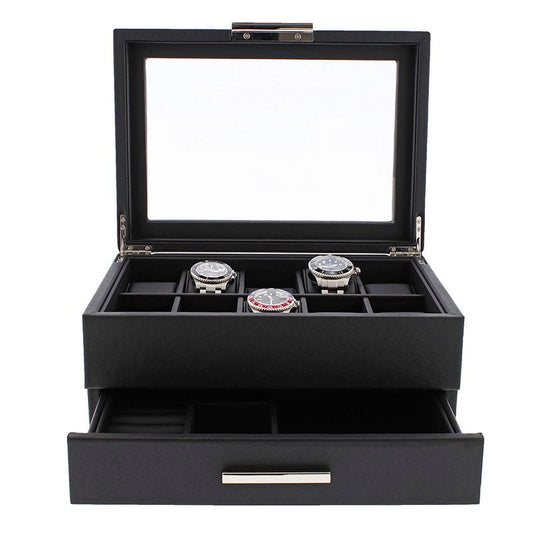 10 Watch Box in Black Saffiano Leather Finish with Drawer by Aevitas