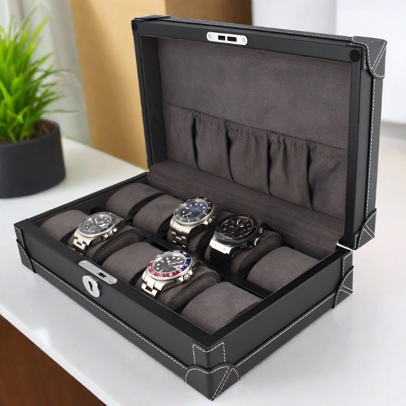 10 Watch Box in Black Vegan Leather with Plush Lining by Aevitas