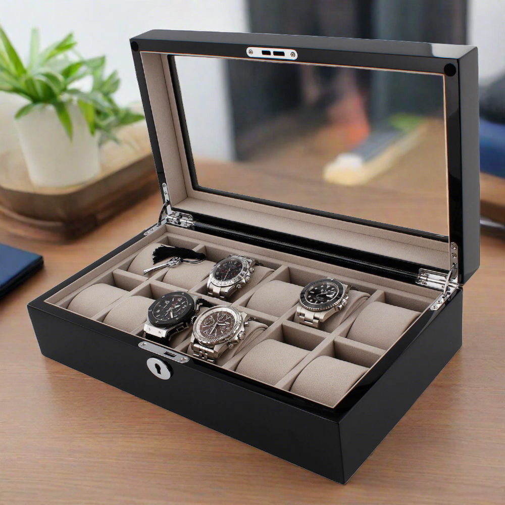 12 Watch Box in Piano Black Gloss Finish with Grey Luxury Lining by Aevitas