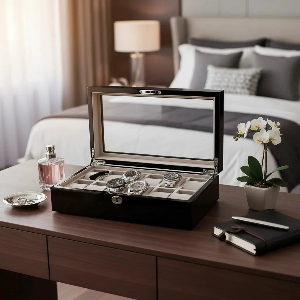 12 Watch Box in Piano Black Gloss Finish with Grey Luxury Lining by Aevitas