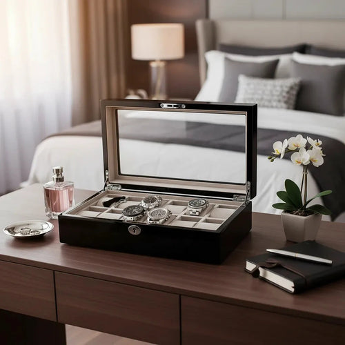 12 Watch Box in Piano Black Gloss Finish with Grey Luxury Lining by Aevitas