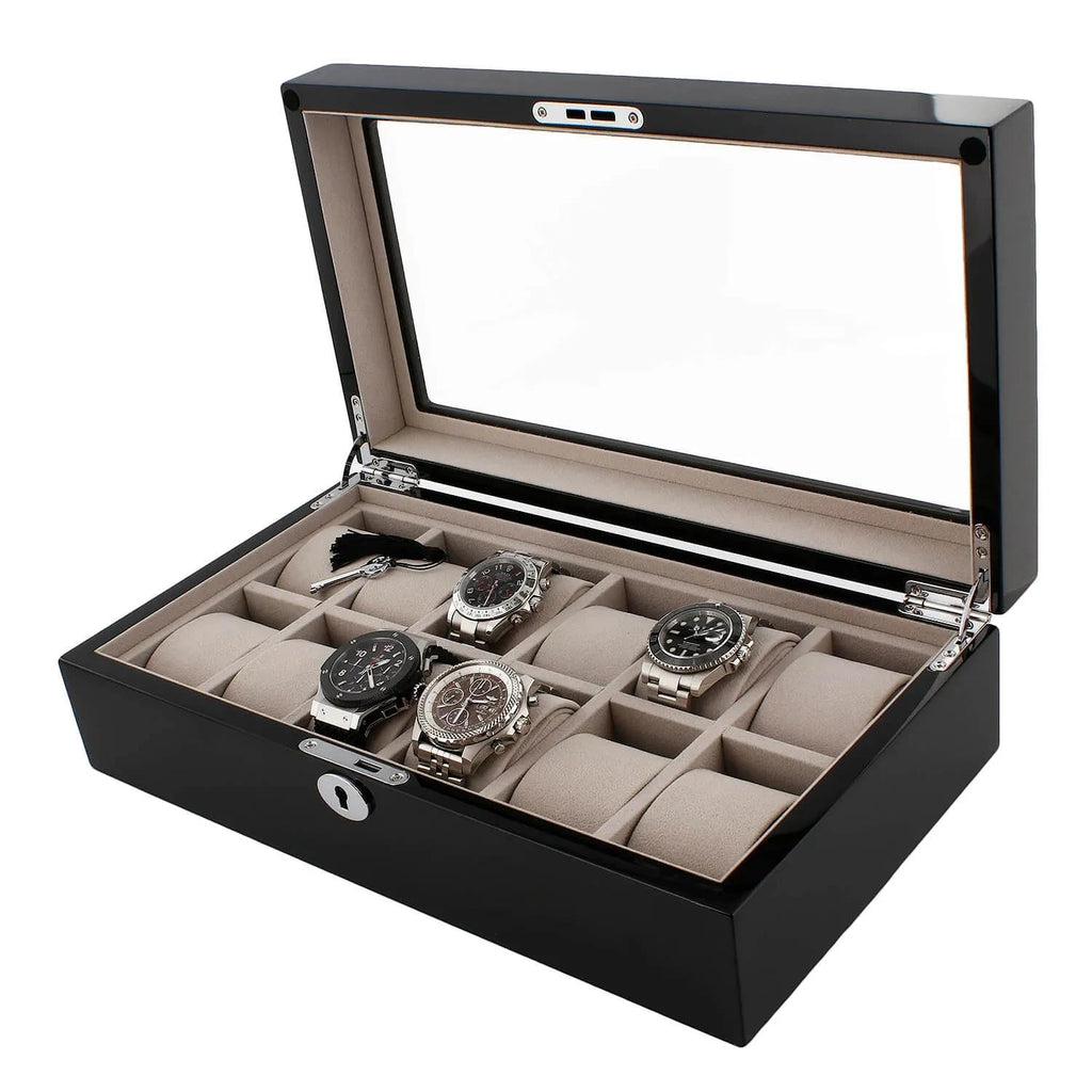 12 Watch Box in Piano Black Gloss Finish with Grey Luxury Lining by Aevitas
