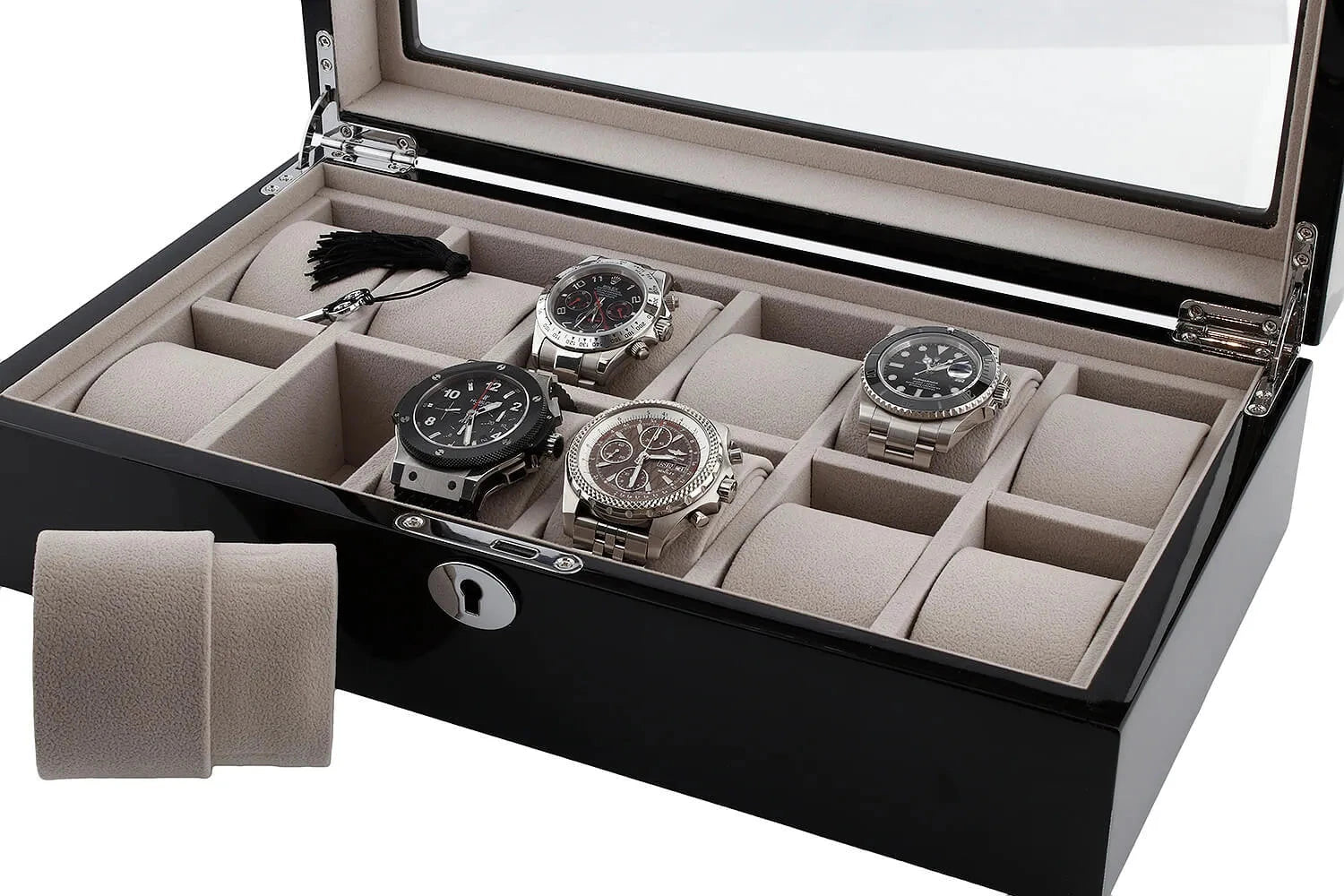 12 Watch Box in Piano Black Gloss Finish with Grey Luxury Lining by Aevitas