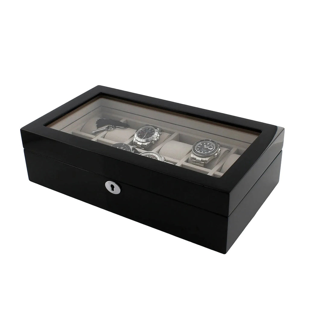 12 Watch Box in Piano Black Gloss Finish with Grey Luxury Lining by Aevitas