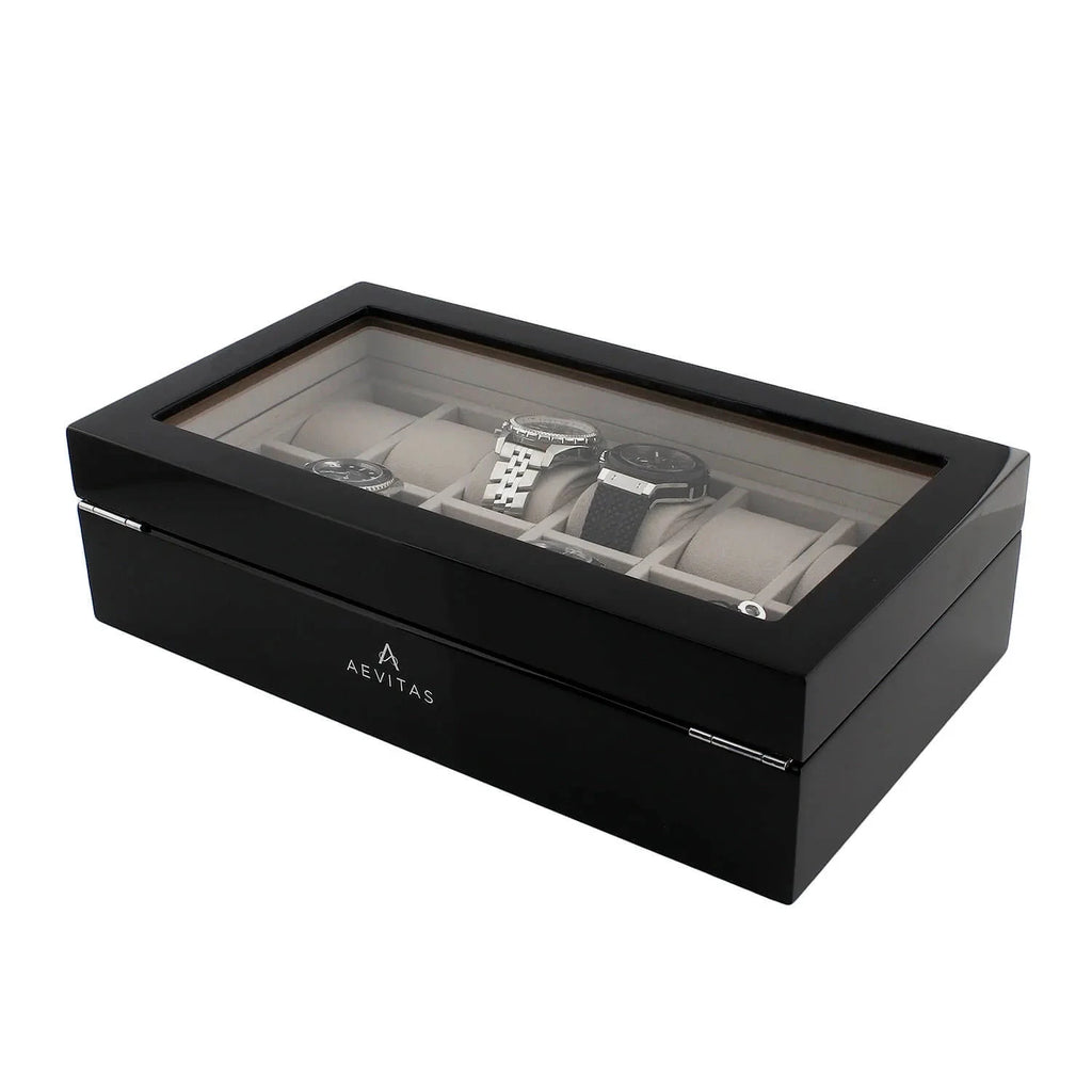 12 Watch Box in Piano Black Gloss Finish with Grey Luxury Lining by Aevitas