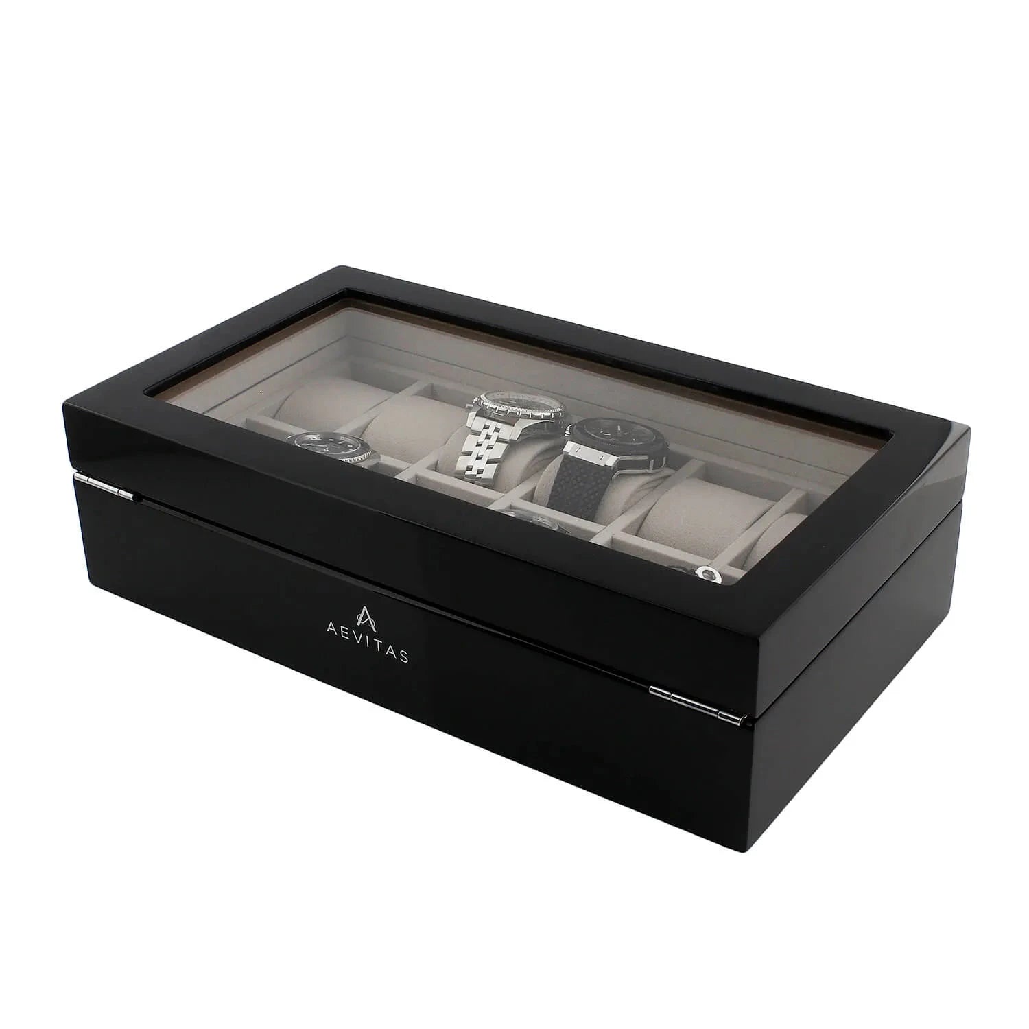 12 Watch Box in Piano Black Gloss Finish with Grey Luxury Lining by Aevitas
