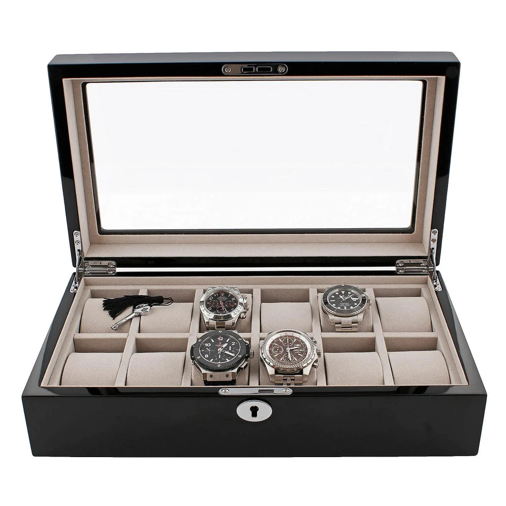 12 Watch Box in Piano Black Gloss Finish with Grey Luxury Lining by Aevitas