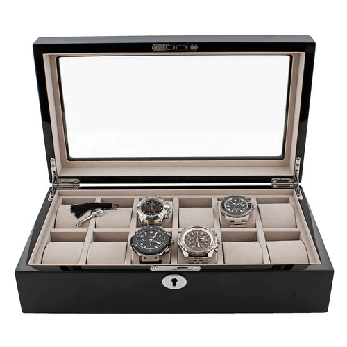 12 Watch Box in Piano Black Gloss Finish with Grey Luxury Lining by Aevitas