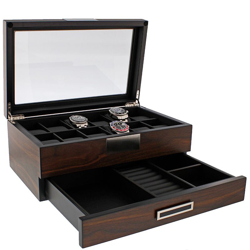 12 Watch Box plus Extra Storage in Natural Dark Walnut Veneer Finish by Aevitas
