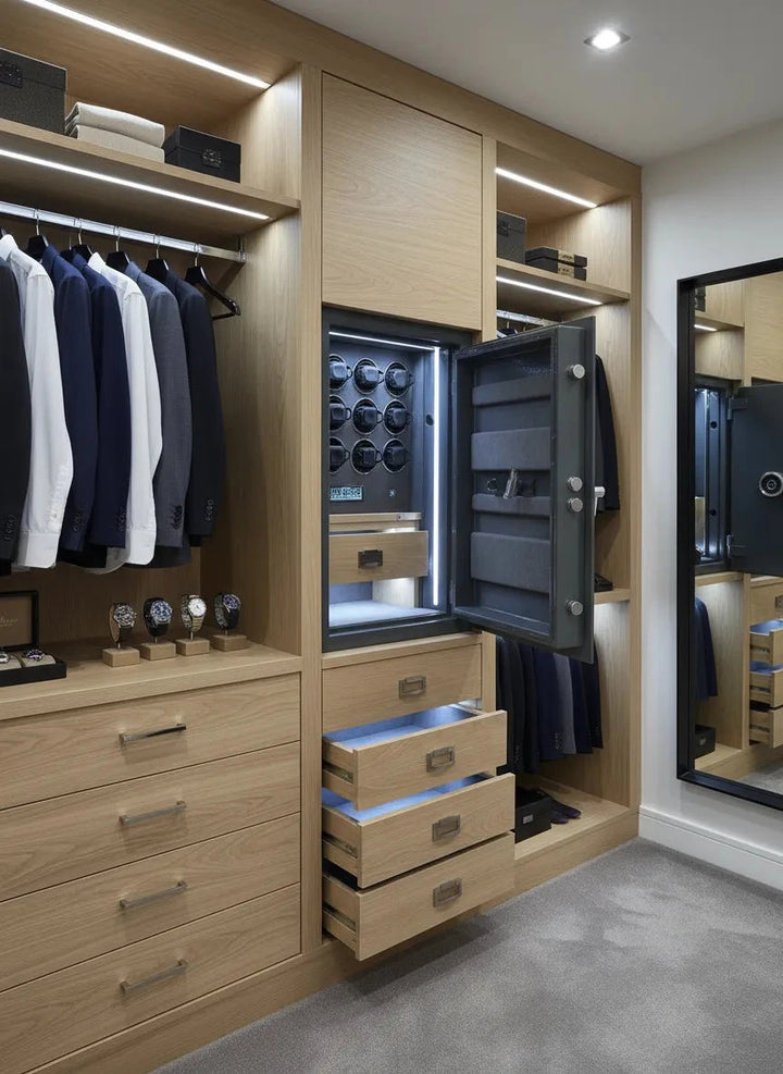 A modern walk-in closet features wooden cabinetry, a large mirror, and an open Aevitas 12 Watch Winder Safe Grade 2 with £175,000 insurance rating displaying watches and a watch winder.