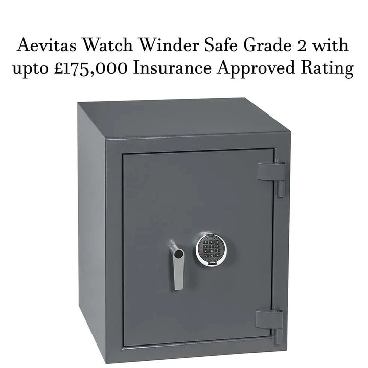 Aevitas 12 Watch Winder Safe Grade 2, in dark gray with keypad lock and handle, is shown on a white background. Text highlights its Grade 2 rating and up to £175,000 insurance coverage for premium protection.