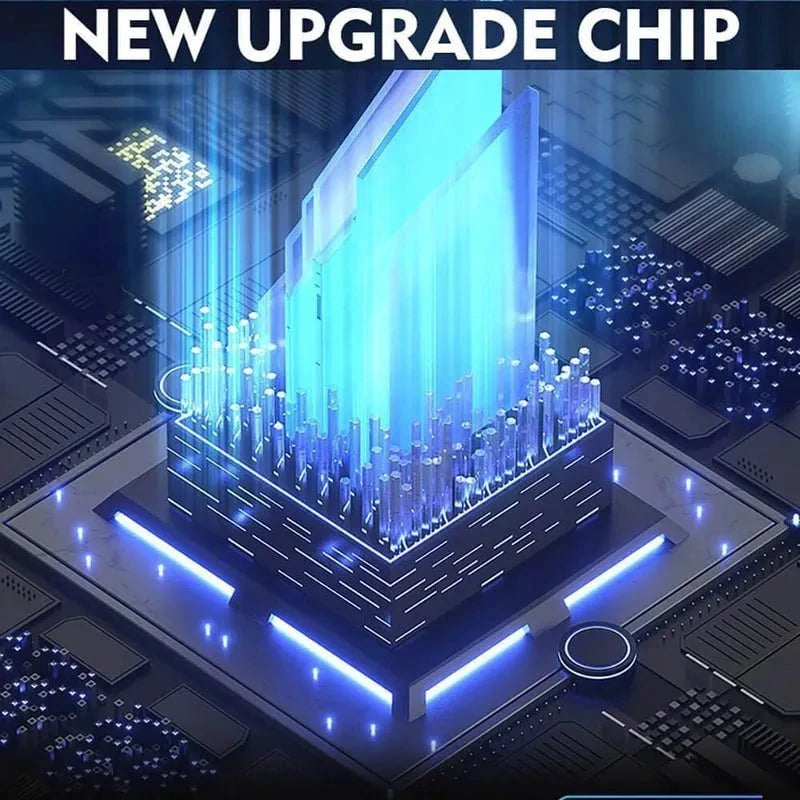 A glowing blue digital chip emits vertical beams on a futuristic circuit board, with "NEW UPGRADE CHIP" above—suggesting advanced tech like the 12 Watch Winder Safe Grade 2 (£175,000 rating) by Aevitas.