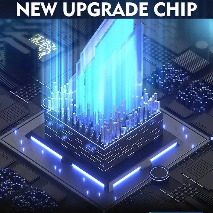 A glowing blue digital chip emits vertical beams on a futuristic circuit board, with "NEW UPGRADE CHIP" above—suggesting advanced tech like the 12 Watch Winder Safe Grade 2 (£175,000 rating) by Aevitas.