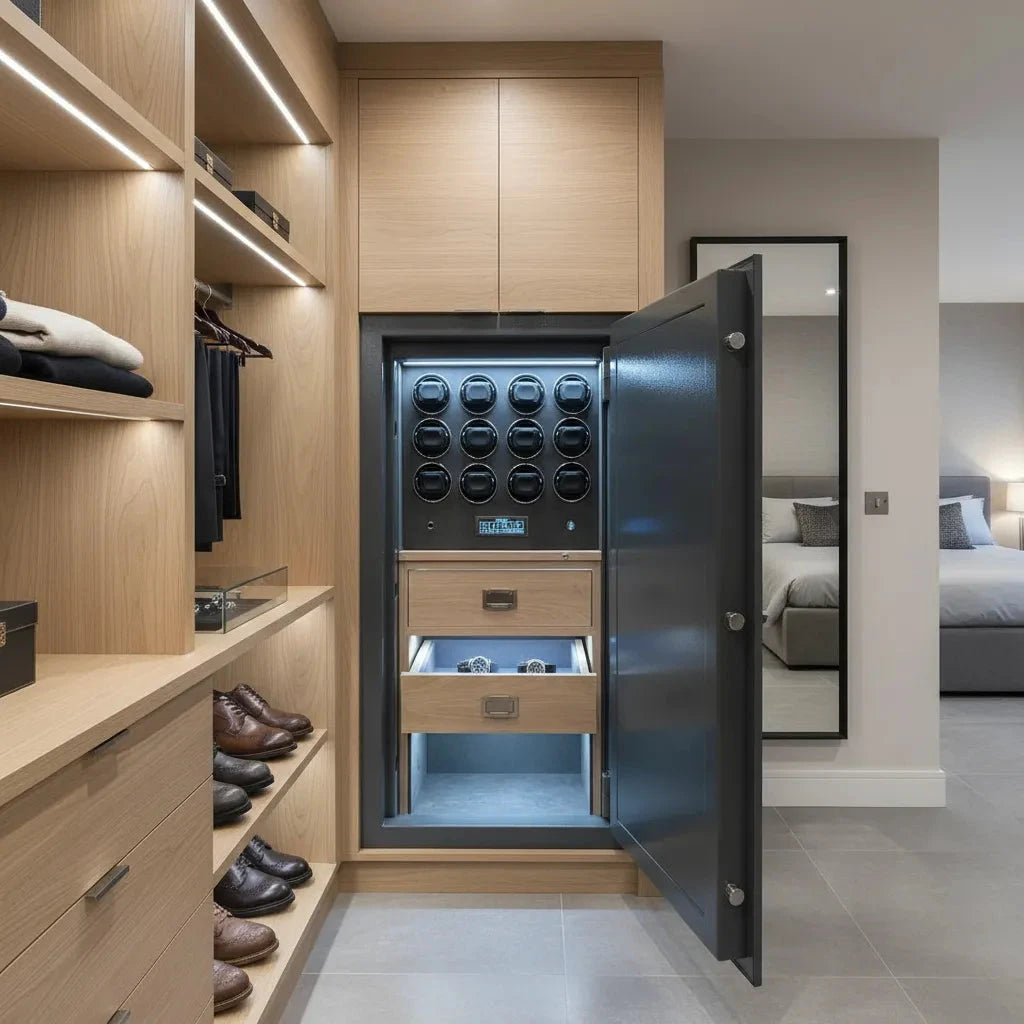 A modern walk-in closet with wooden shelves and organized clothes features an Aevitas 12 Watch Winder Safe Grade 3 (£350,000 insurance rating) built into the cabinetry. The bedroom can be seen through an open doorway.