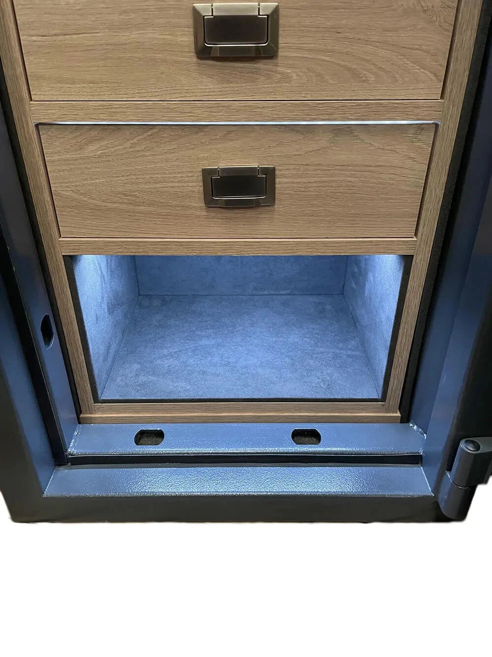 An open Aevitas 12 Watch Winder Safe Grade 3 with a gray carpeted interior and wooden drawers with metal handles. The illuminated compartment is ideal for secure storage, offering up to £350,000 insurance rating.