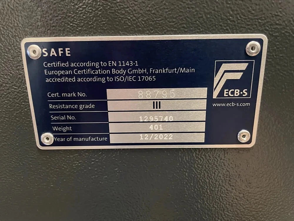 A metal label on the Aevitas 12 Watch Winder Safe shows ECB-S and SAFE logos, cert. number 88795, Grade 3 resistance, serial no. 1295740, weight 401kg, made in 12/2022, with a £350,000 insurance rating.