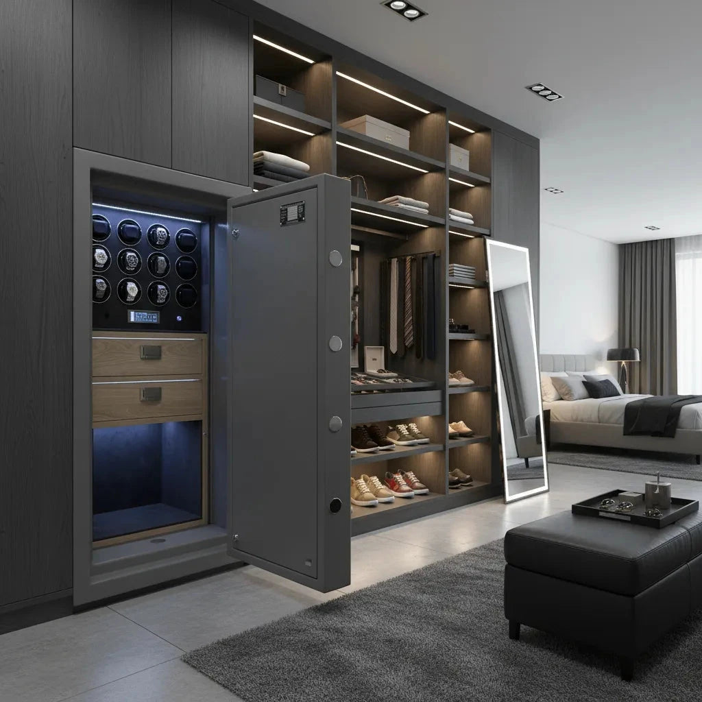 A modern bedroom with an open luxury wardrobe featuring shelves for shoes, clothes, and accessories, plus the Aevitas 12 Watch Winder Safe Grade 4 (£600,000 insurance rated), with drawers and illuminated spaces for storing watches.