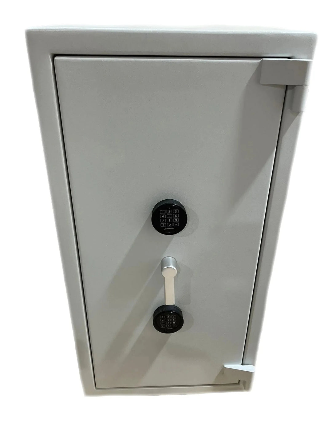 The Aevitas 12 Watch Winder Safe Grade 4, shown in gray with a rectangular door, two black combination keypads, and a vertical handle, offers secure storage with a £600,000 insurance rating—ideal for valuable watches.