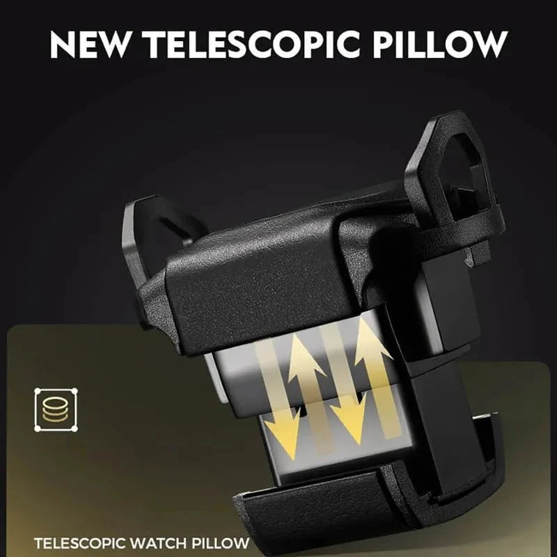 A black telescopic watch pillow is shown expanding with yellow arrows, illustrating its adjustable height for the Aevitas 12 Watch Winder Safe Grade 4 with £600,000 insurance rating. Text: NEW TELESCOPIC PILLOW and TELESCOPIC WATCH PILLOW.