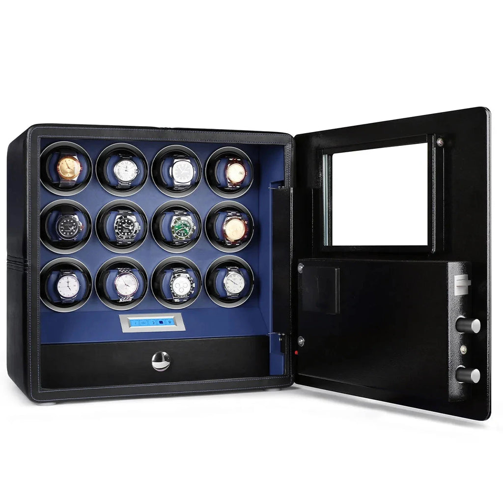 12 Watch Winder Safe Luxury Black Leather with Blue Interior by Aevitas