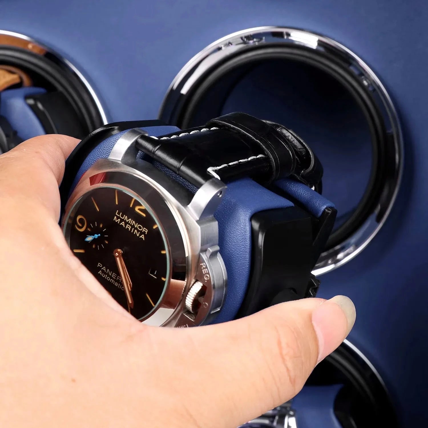 12 Watch Winder Safe Luxury Black Leather with Blue Interior by Aevitas