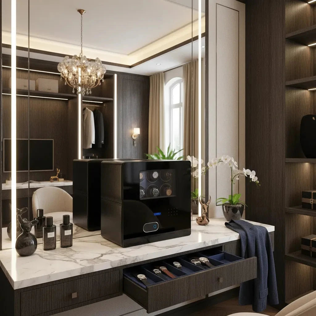 12 Watch Winder Safe Luxury Black Leather with Blue Interior by Aevitas