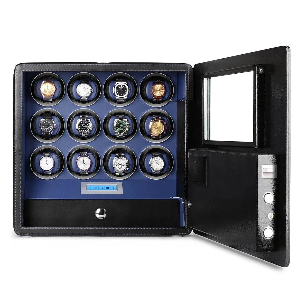 12 Watch Winder Safe Luxury Black Leather with Blue Interior by Aevitas