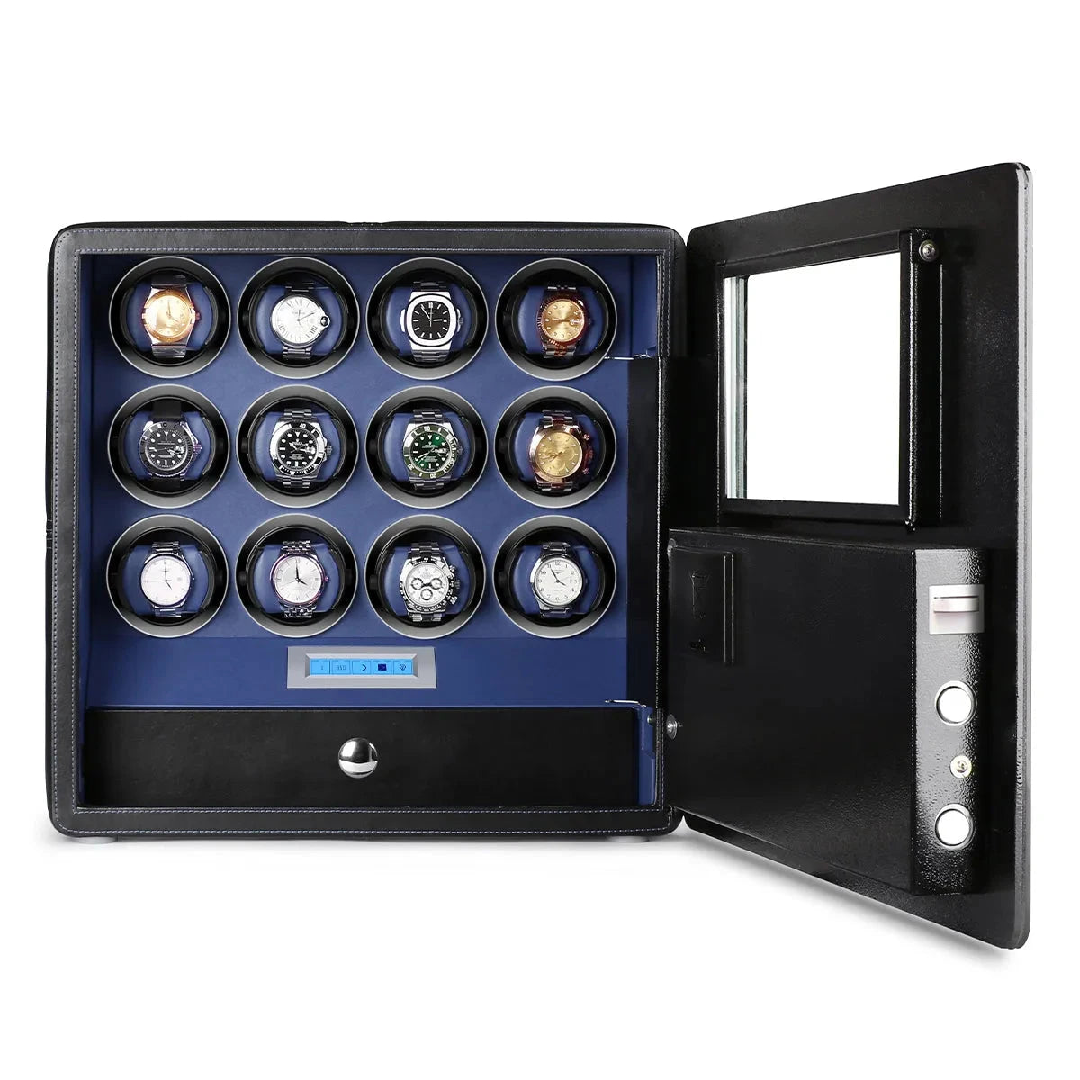 12 Watch Winder Safe Luxury Black Leather with Blue Interior by Aevitas
