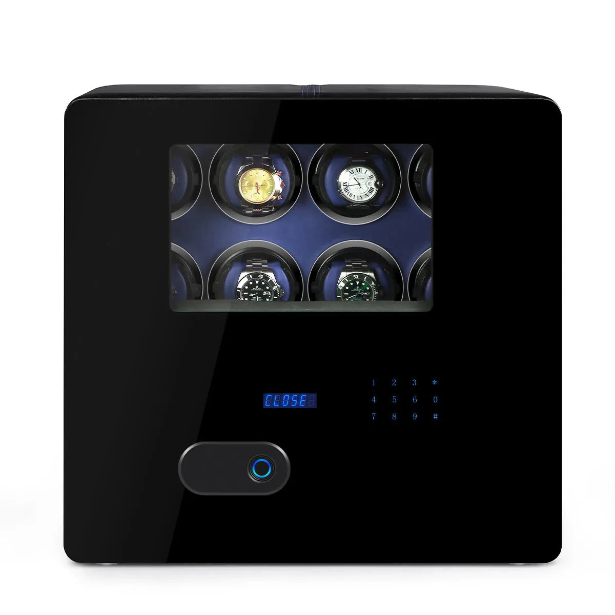 12 Watch Winder Safe Luxury Black Leather with Blue Interior by Aevitas