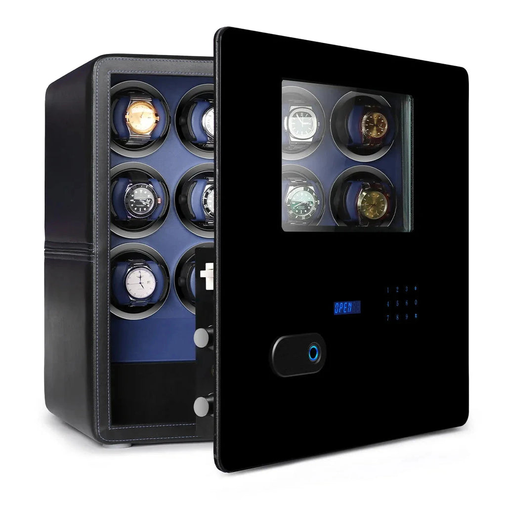 12 Watch Winder Safe Luxury Black Leather with Blue Interior by Aevitas