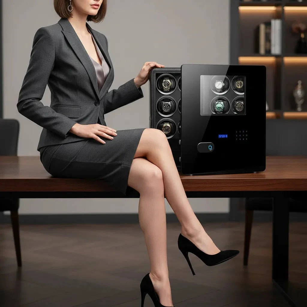 12 Watch Winder Safe Luxury Black Leather with Contrast Stitching by Aevitas