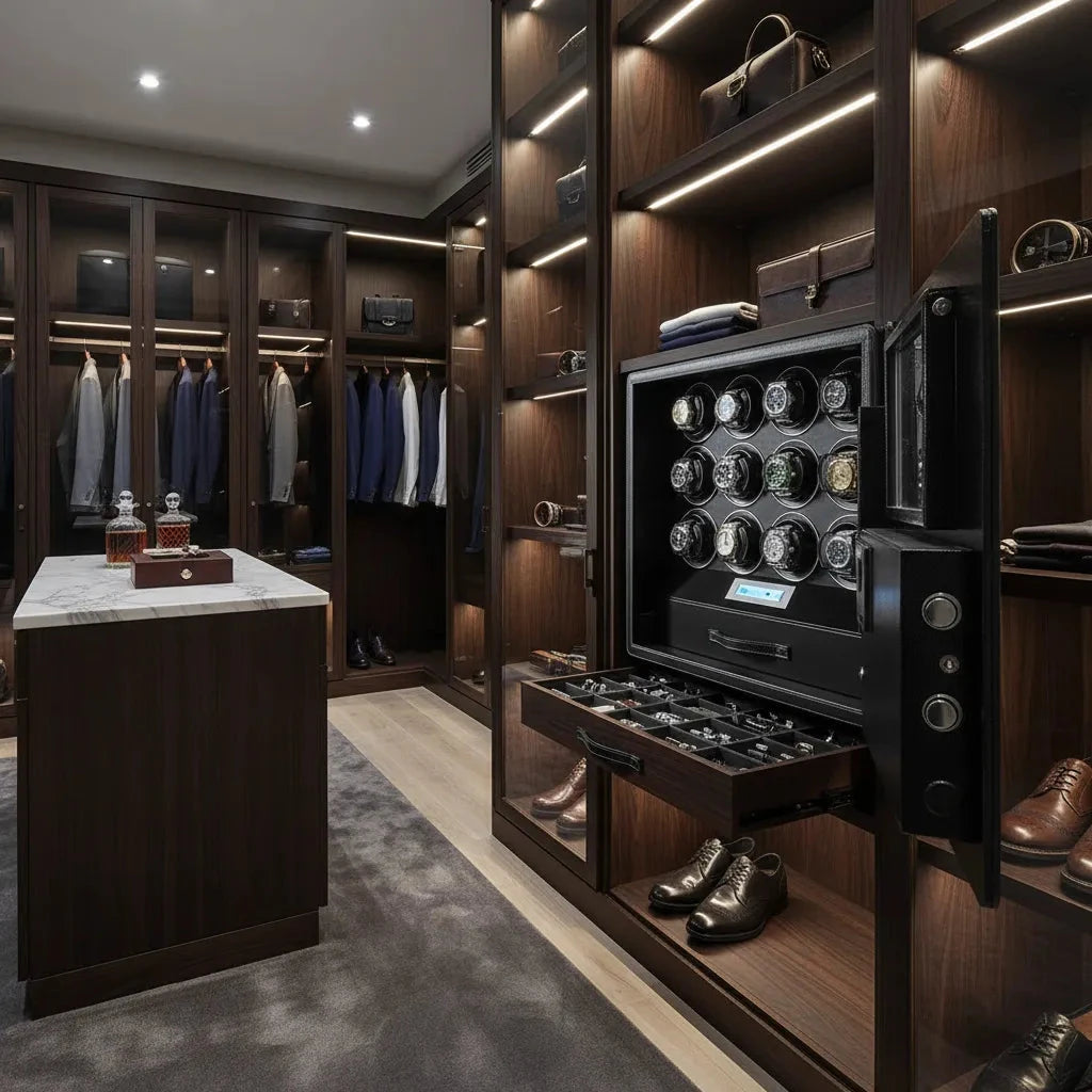 12 Watch Winder Safe Luxury Black Leather with Contrast Stitching by Aevitas