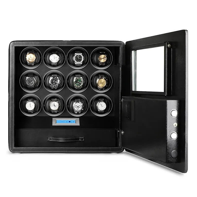 12 Watch Winder Safe Luxury Black Leather with Contrast Stitching by Aevitas
