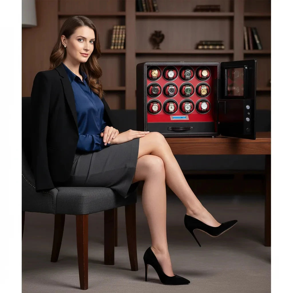 12 Watch Winder Safe Luxury Black Leather with Red Interior by Aevitas